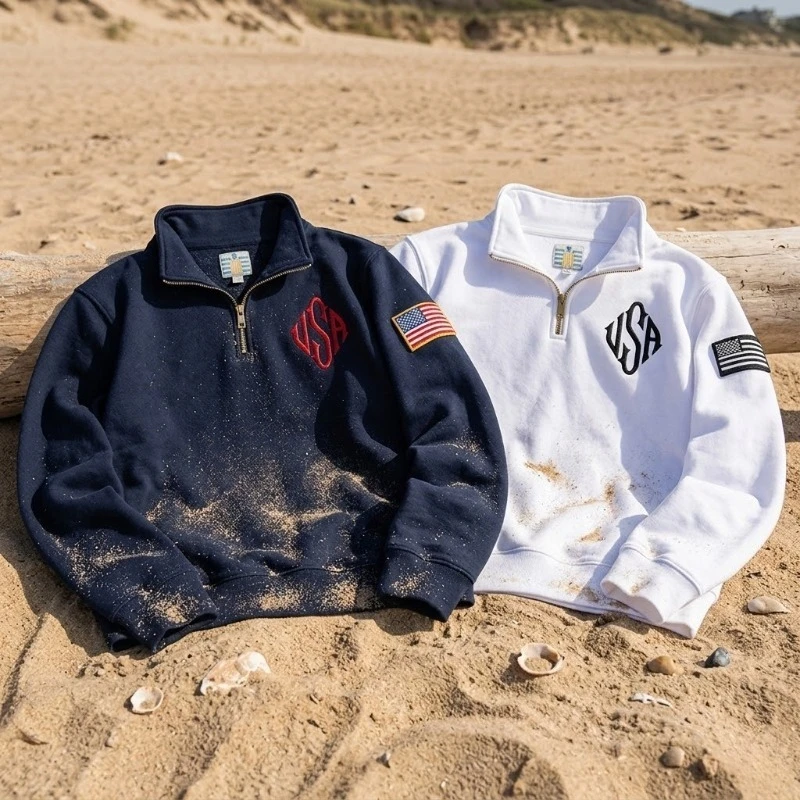 Y2K American Flag Embroider Hoodies Quarter Zip Sweatshirts Men Navy Blue White Pullover Patch Sleeve Streetwear Casual Sweater
