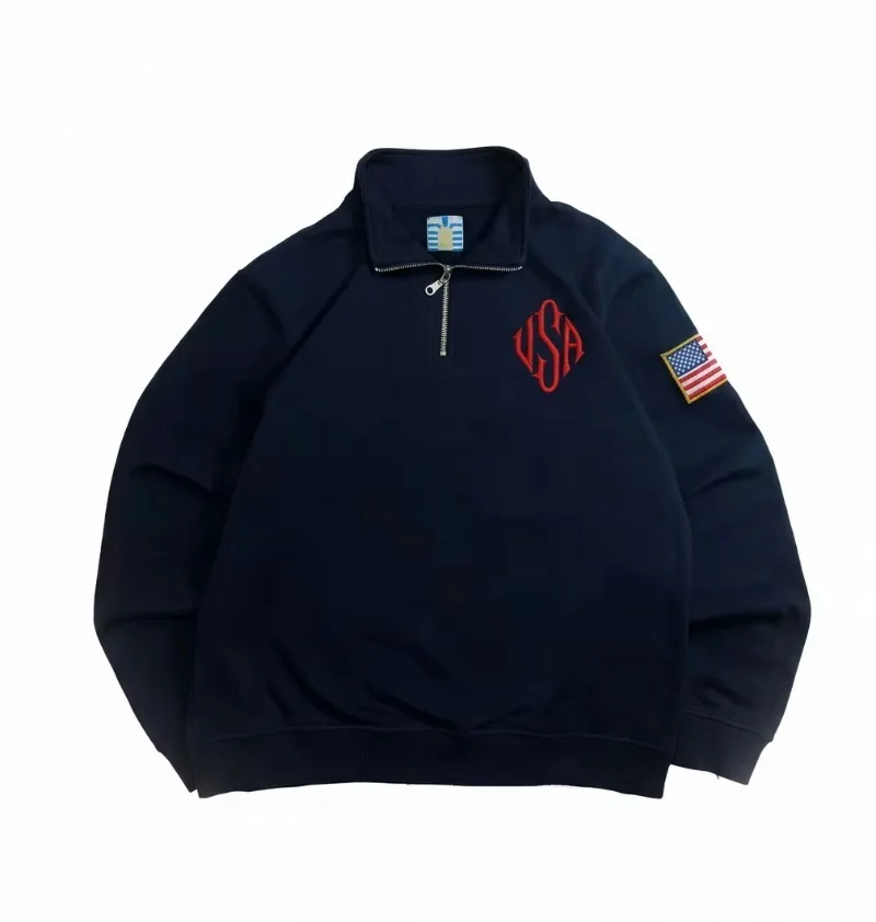 Y2K American Flag Embroider Hoodies Quarter Zip Sweatshirts Men Navy Blue White Pullover Patch Sleeve Streetwear Casual Sweater