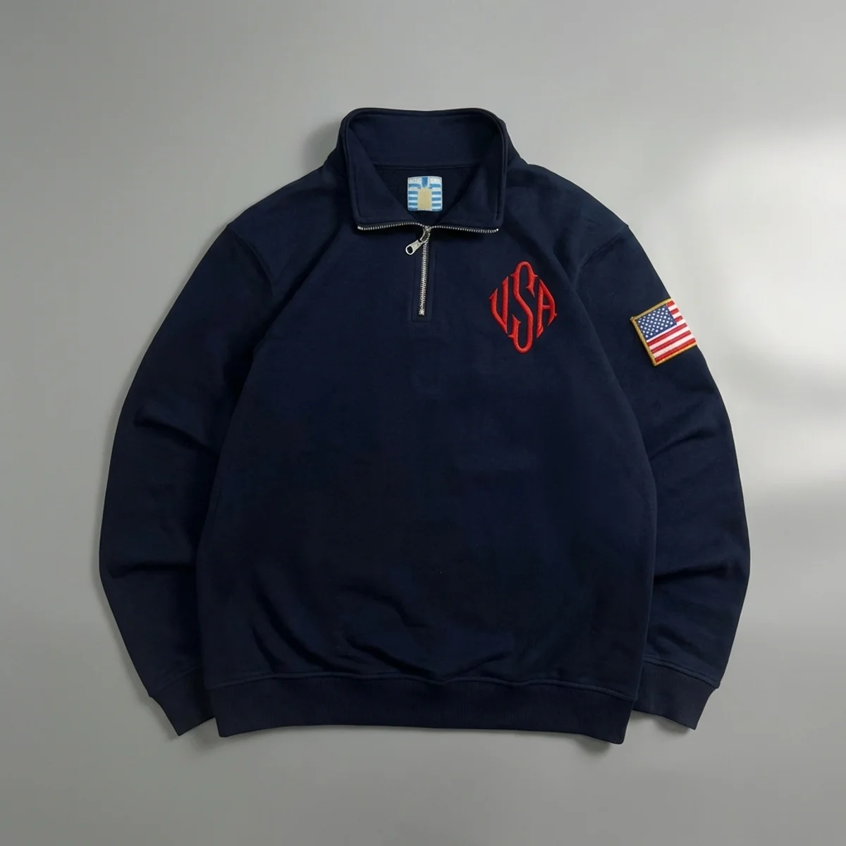 Y2K American Flag Embroider Hoodies Quarter Zip Sweatshirts Men Navy Blue White Pullover Patch Sleeve Streetwear Casual Sweater