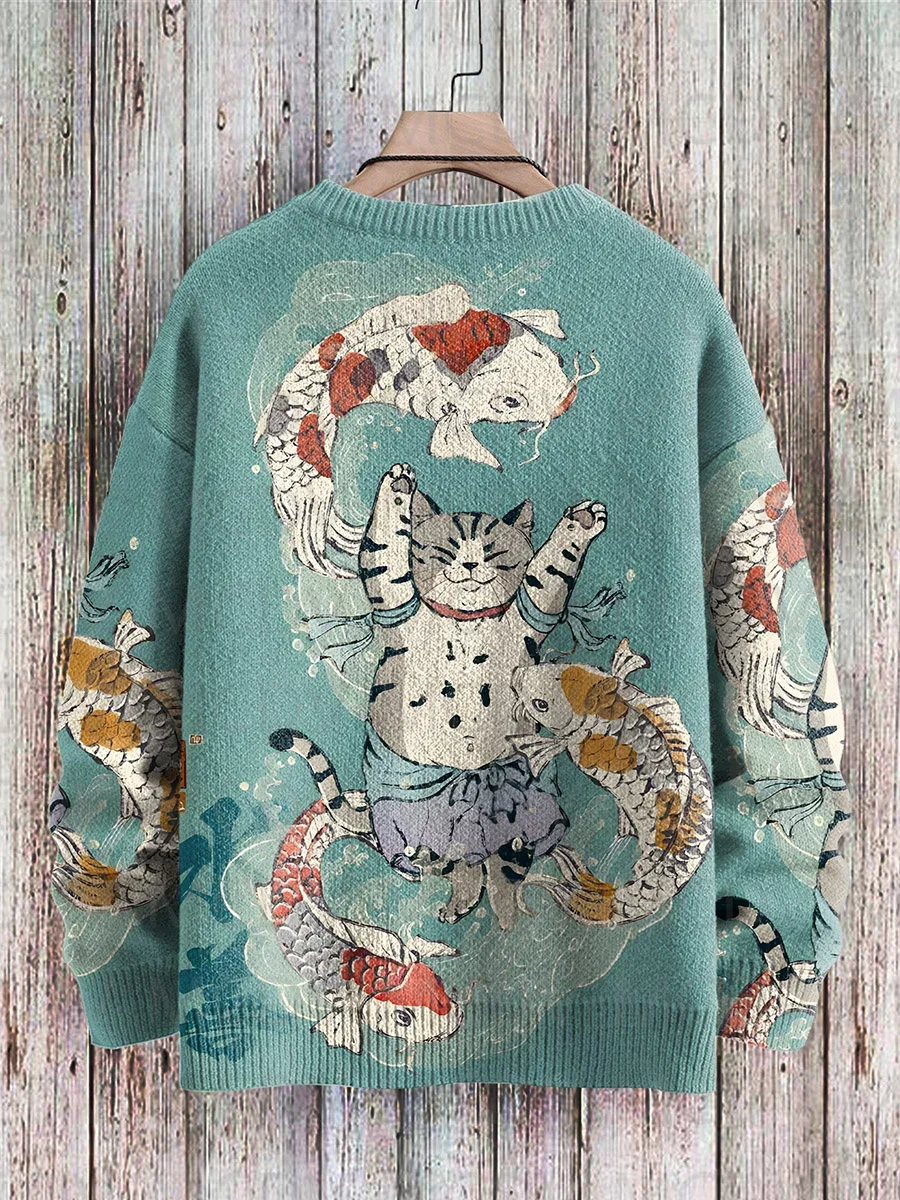 Retro Japanese Style Painting Cat Art Casual Print Knit Pullover Sweater Women For Men Sweater