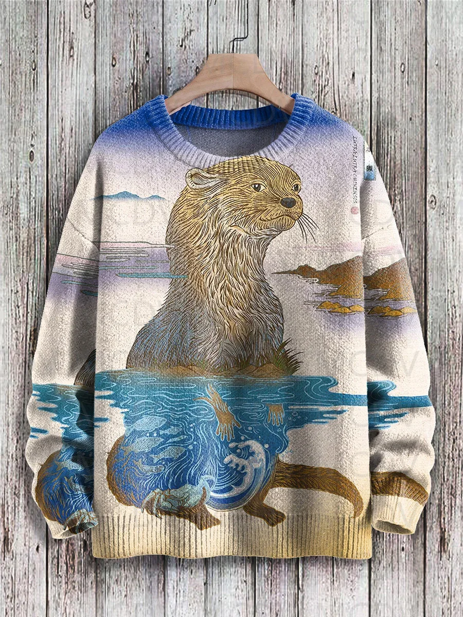 Retro Japanese Style Painting Cat Art Casual Print Knit Pullover Sweater Women For Men Sweater
