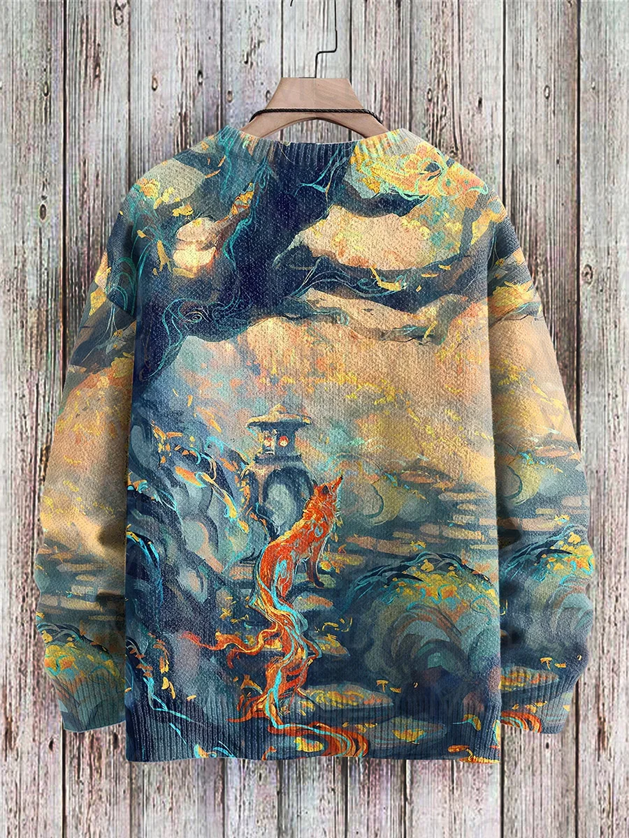 Retro Japanese Style Painting Cat Art Casual Print Knit Pullover Sweater Women For Men Sweater