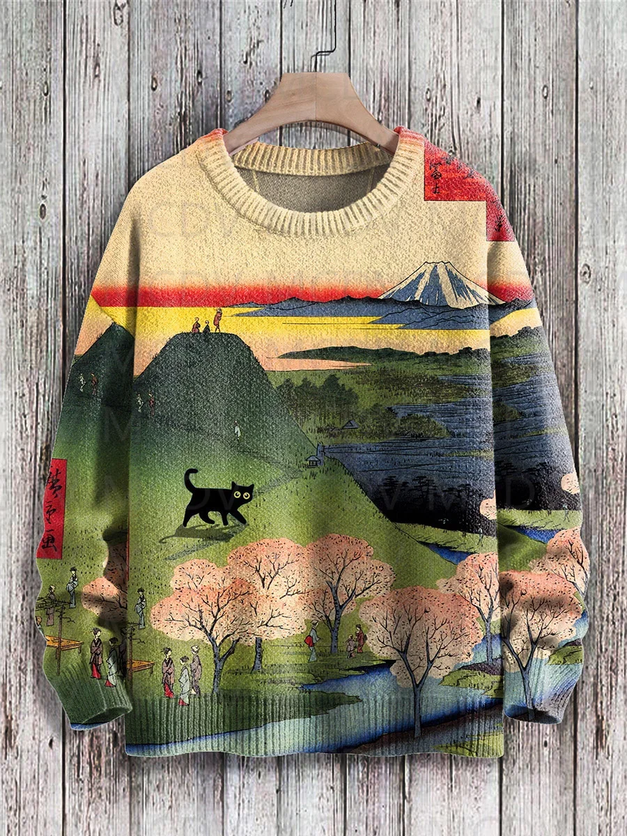 Retro Japanese Style Painting Cat Art Casual Print Knit Pullover Sweater Women For Men Sweater
