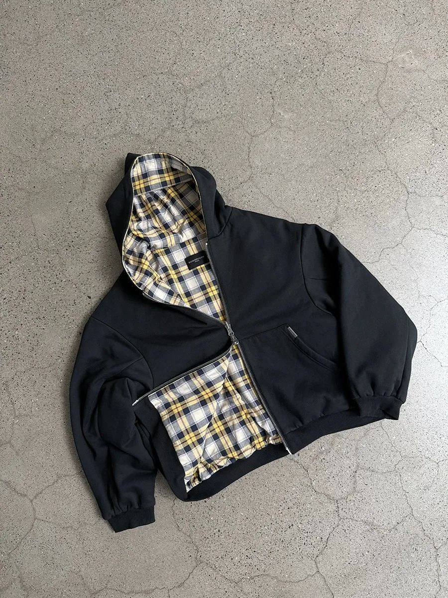 Casual Reversible Hoodies for Men Street Clothes Oversized Zip Up Hoodie Simple with Plaid Lining Solid Color Retro Sweatshirt