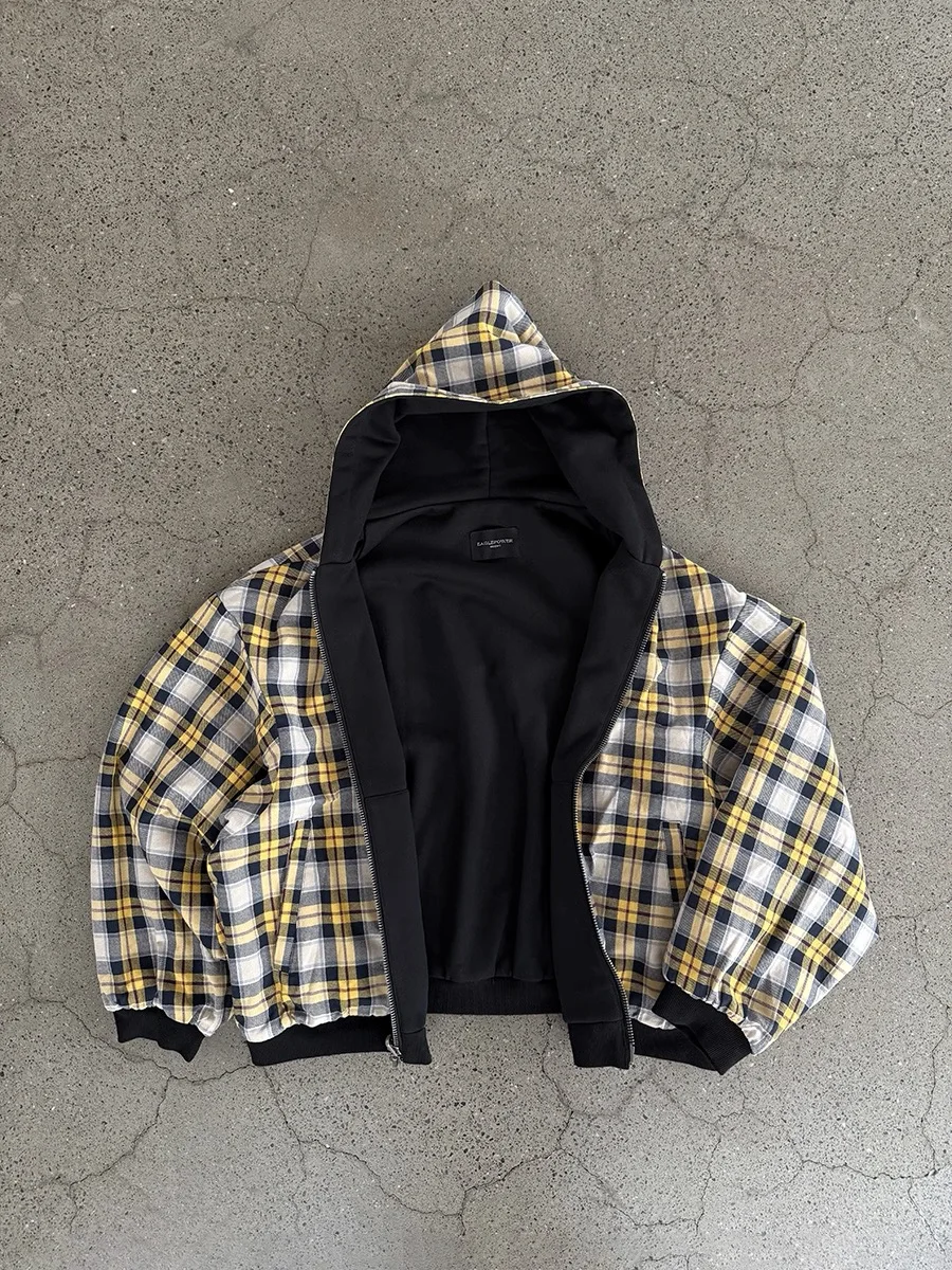 Casual Reversible Hoodies for Men Street Clothes Oversized Zip Up Hoodie Simple with Plaid Lining Solid Color Retro Sweatshirt