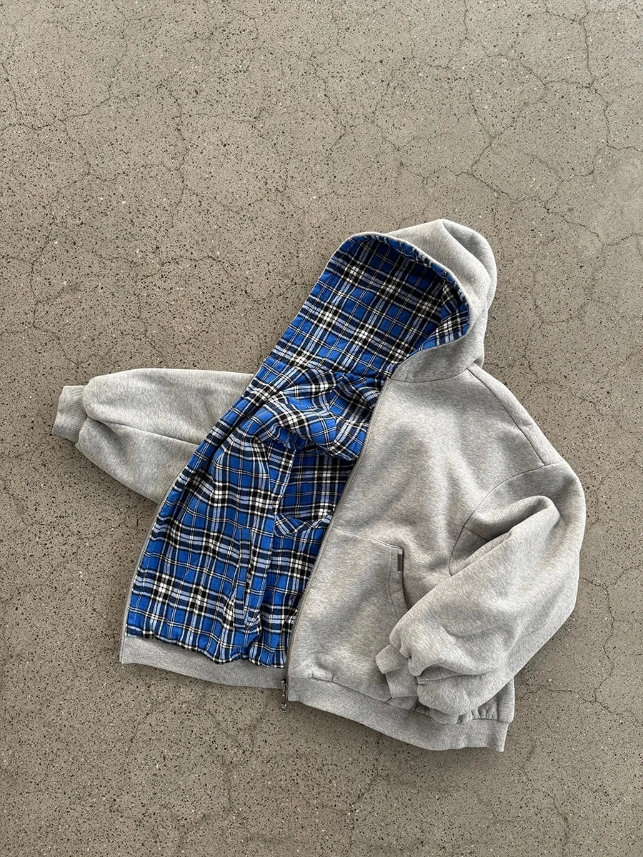 Casual Reversible Hoodies for Men Street Clothes Oversized Zip Up Hoodie Simple with Plaid Lining Solid Color Retro Sweatshirt