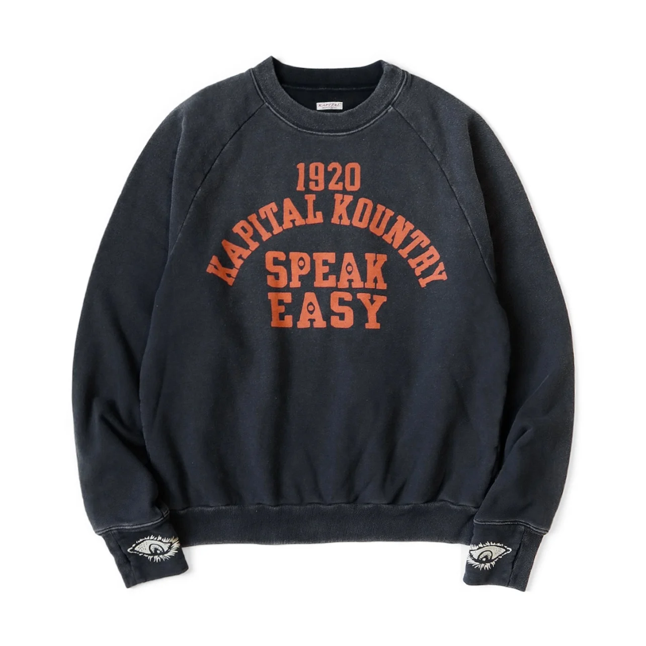 Men Vintage Letter Print Crewneck Sweatshirt Indigo Washed Distressed Raglan Sleeve Japanese Retro Casual Pullover Top