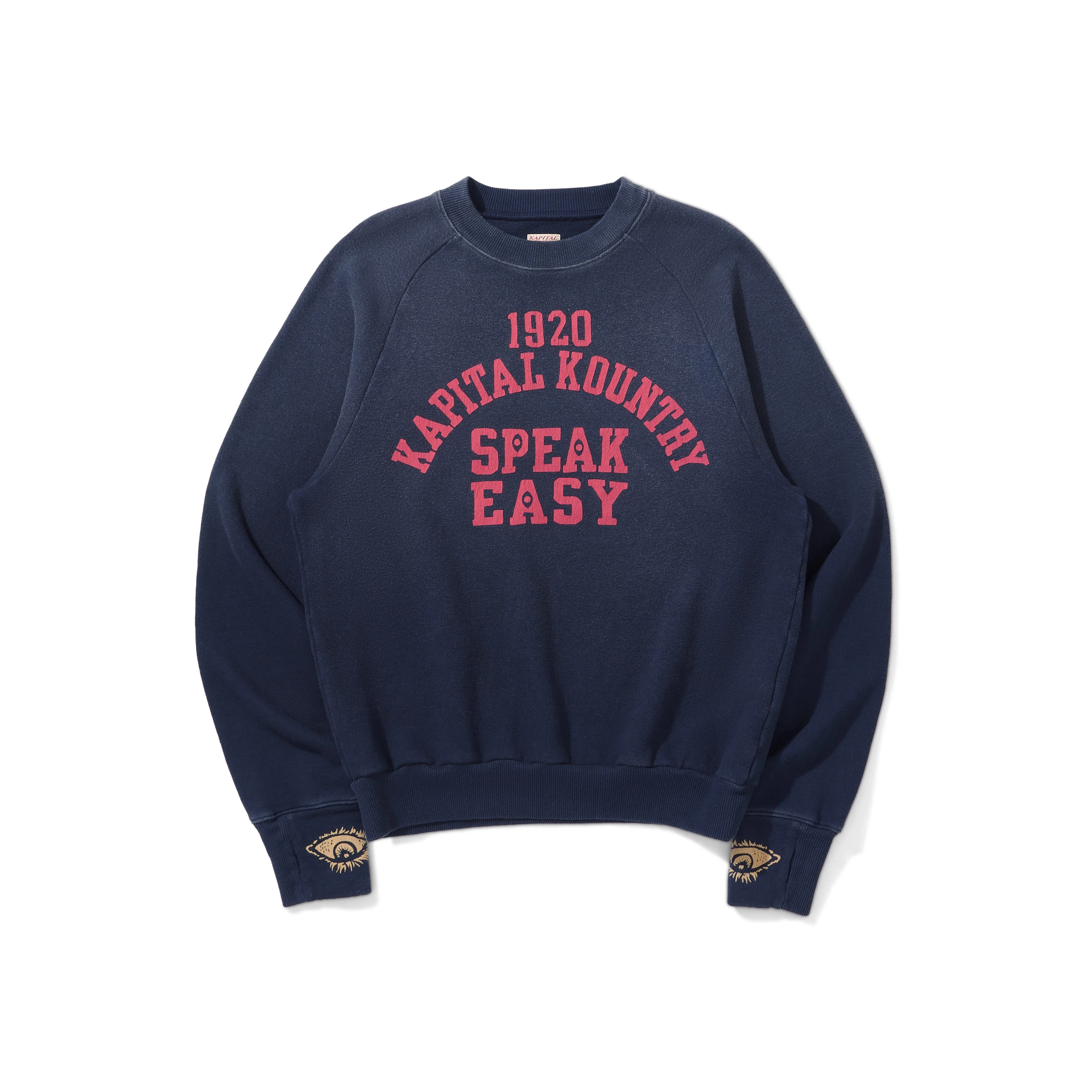 Men Vintage Letter Print Crewneck Sweatshirt Indigo Washed Distressed Raglan Sleeve Japanese Retro Casual Pullover Top