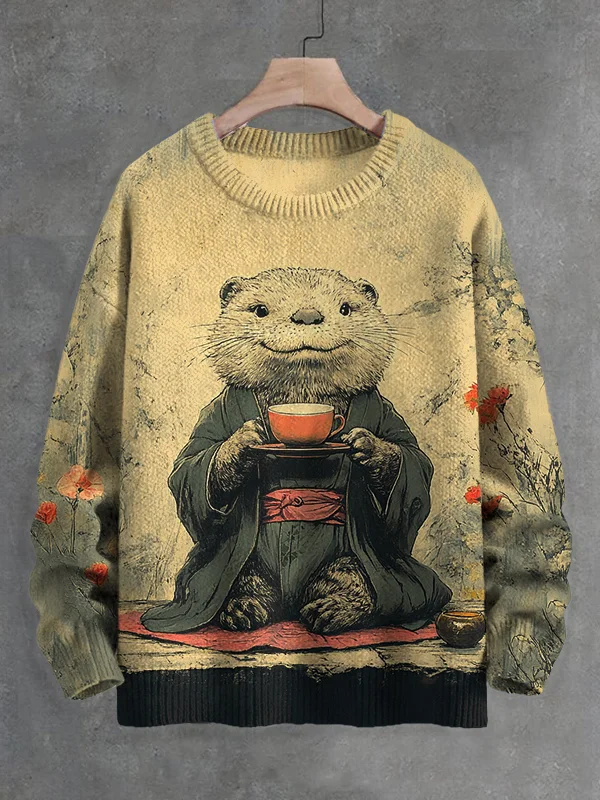 Men's Otter Drink Tea Japanese Fall Art Print Knit Sweatshirt Women For Men Sweater