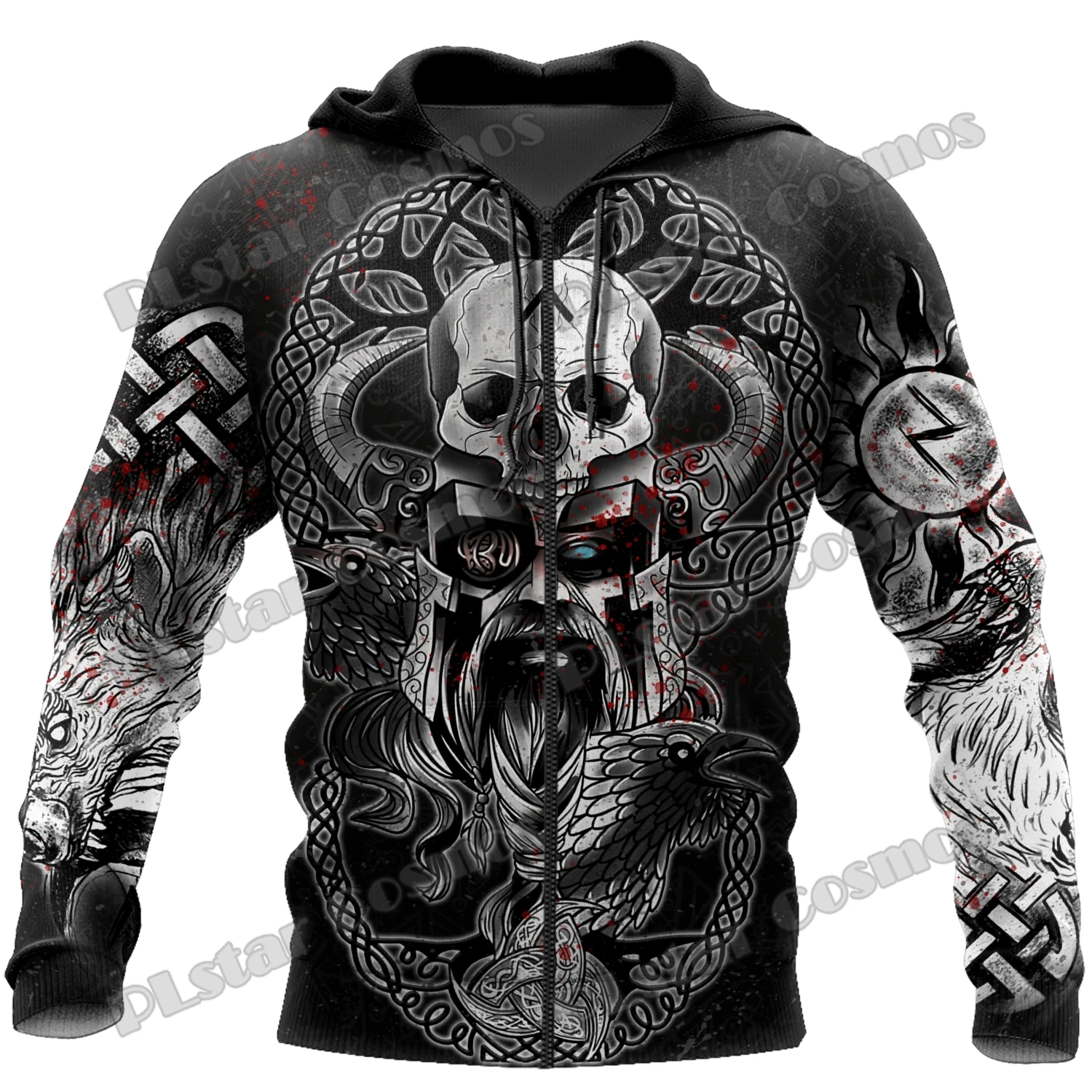 Raven Odin Tattoo Helm of Awe Runes 3D Printed Fashion Men's Zipper Hoodie Autumn Streetwear Unisex Casual Zip Up Hoodies HW62