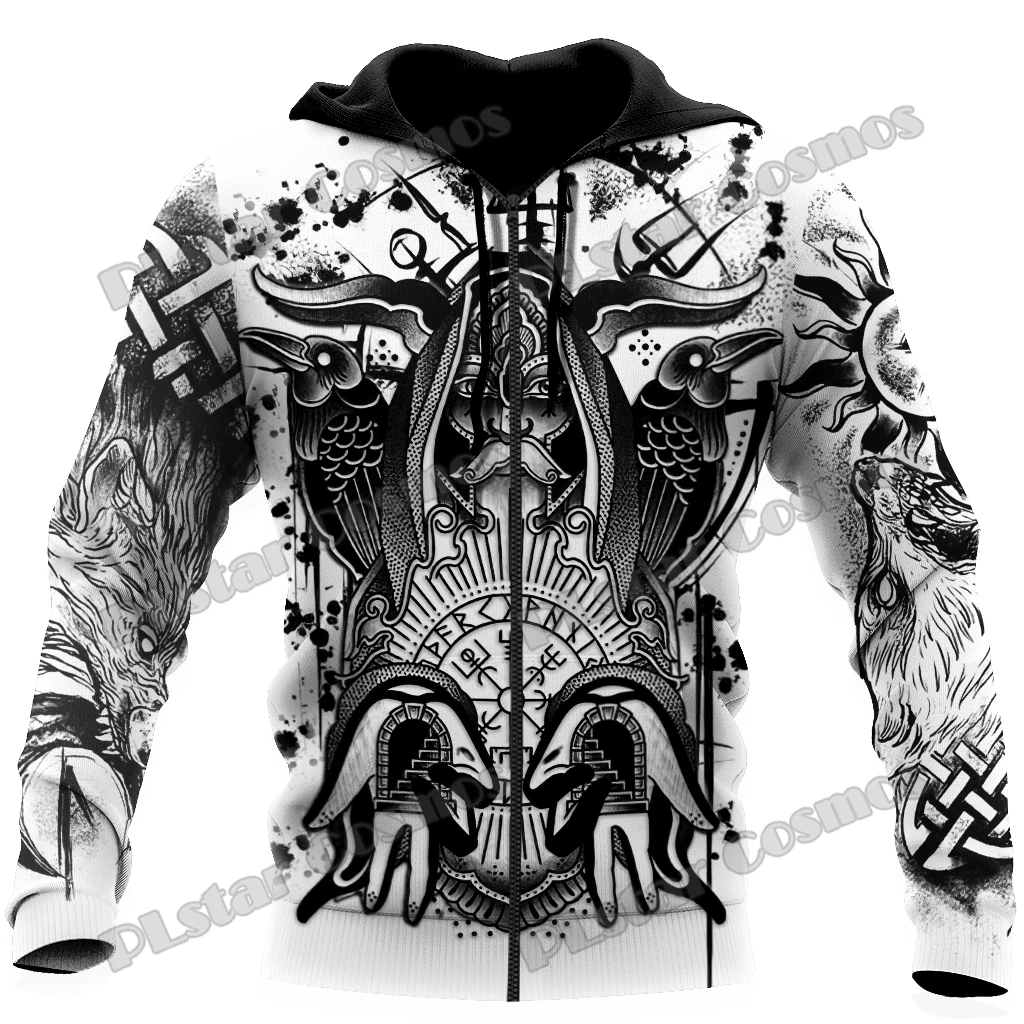 Raven Odin Tattoo Helm of Awe Runes 3D Printed Fashion Men's Zipper Hoodie Autumn Streetwear Unisex Casual Zip Up Hoodies HW62