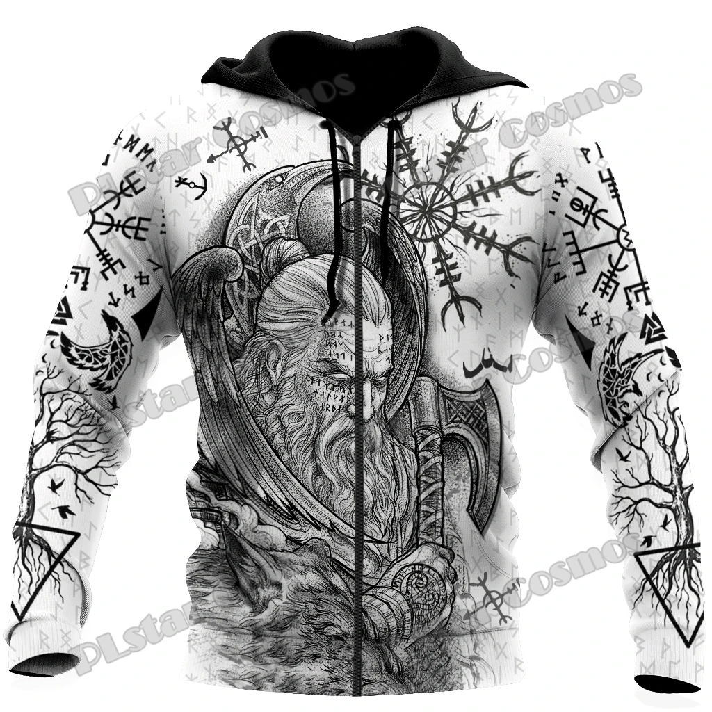 Raven Odin Tattoo Helm of Awe Runes 3D Printed Fashion Men's Zipper Hoodie Autumn Streetwear Unisex Casual Zip Up Hoodies HW62
