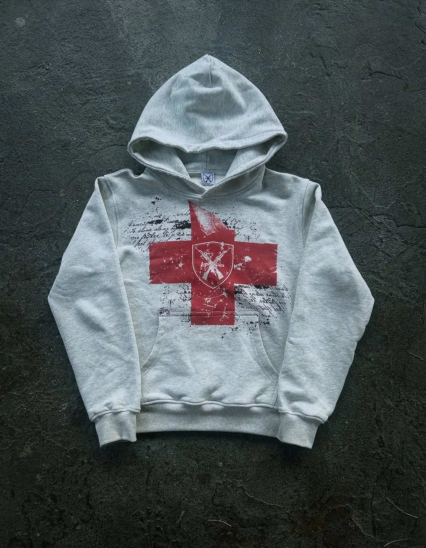 Hip Hop Safety Cross Print Hoodies Streetwear Sweatshirt Light Grey Pullover Harajuku Y2k Casual Hoodie Tracksuit Men Clothing