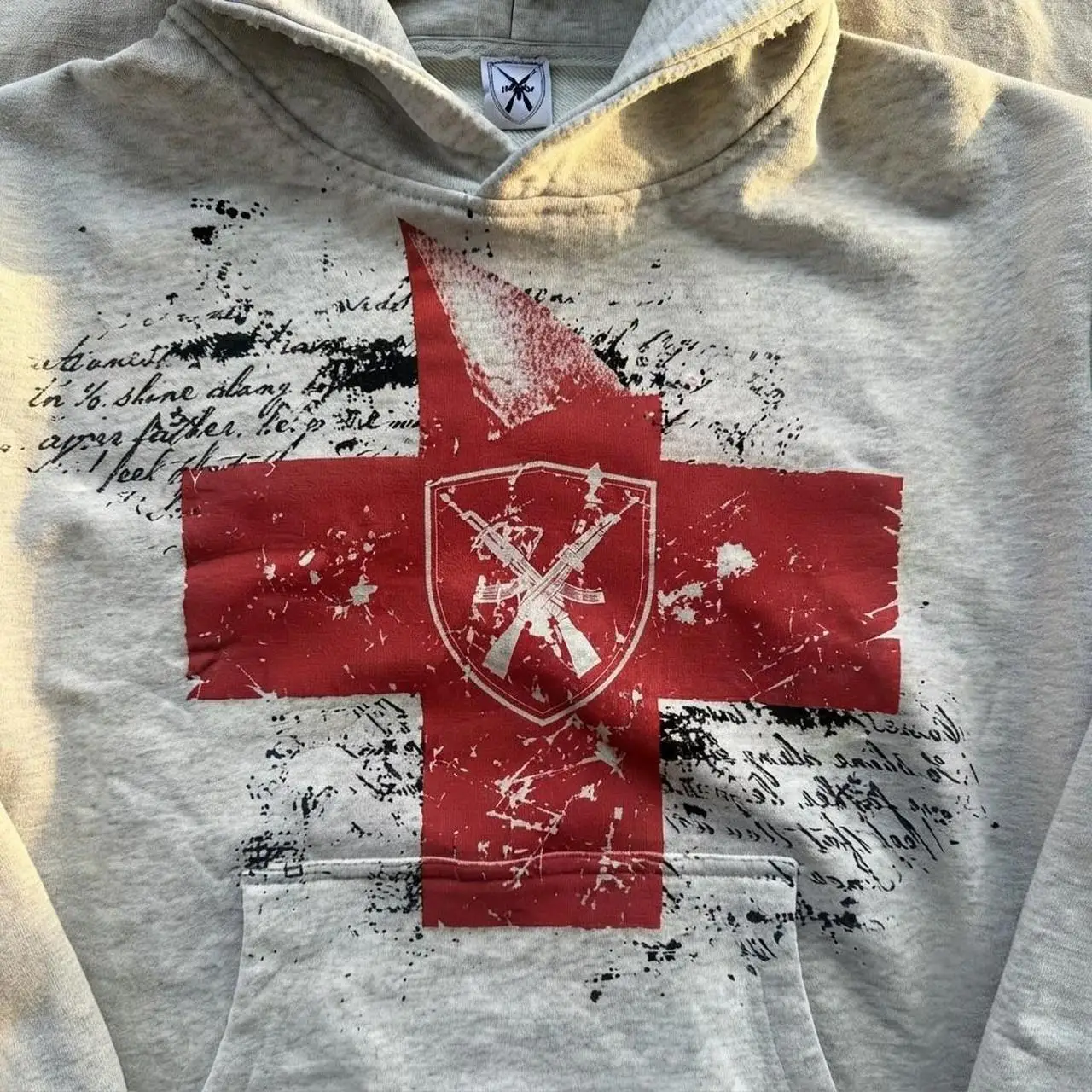 Hip Hop Safety Cross Print Hoodies Streetwear Sweatshirt Light Grey Pullover Harajuku Y2k Casual Hoodie Tracksuit Men Clothing
