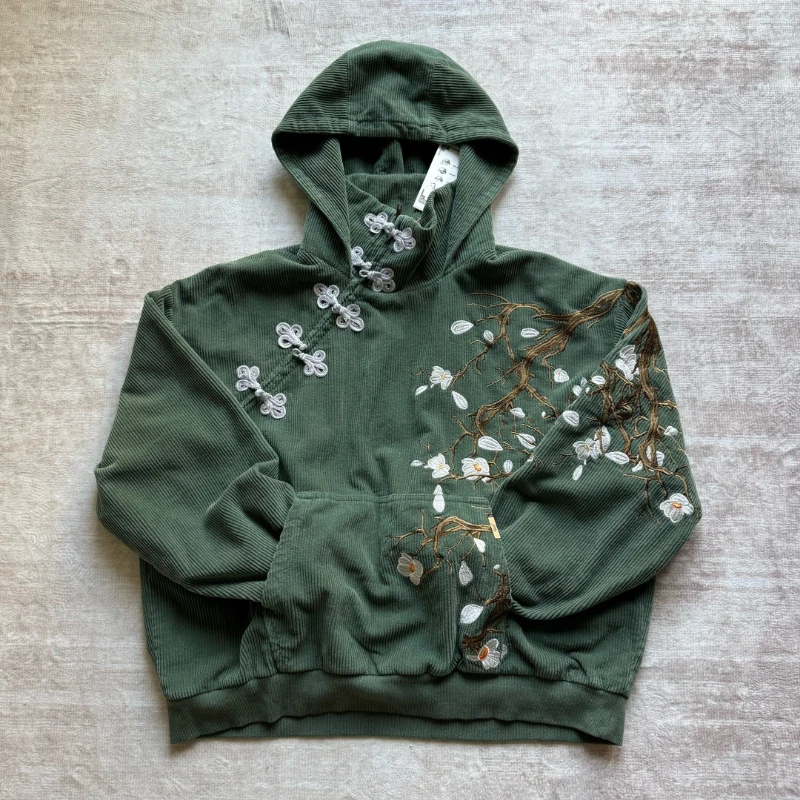 Y2K Retro Bonsai Knit Hoodie Corduroy Flower Embroidery Button Sweatshirt Japanese Harajuku Streetwear Unisex Oversize Clothing
