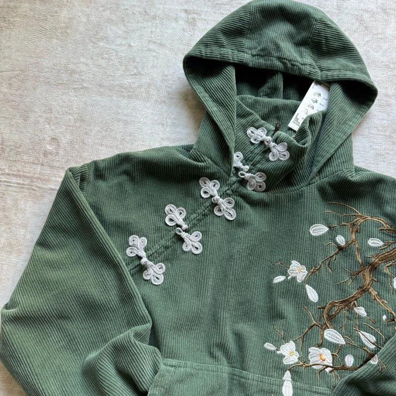 Y2K Retro Bonsai Knit Hoodie Corduroy Flower Embroidery Button Sweatshirt Japanese Harajuku Streetwear Unisex Oversize Clothing
