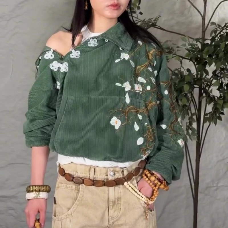 Y2K Retro Bonsai Knit Hoodie Corduroy Flower Embroidery Button Sweatshirt Japanese Harajuku Streetwear Unisex Oversize Clothing