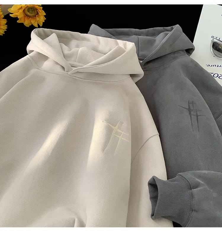 Heavyweight Suede Hoodie Men's Autumn Winter Fashion Brand Handsome American Oversize Loose Fit Coat Polyester Fiber Long Sleeve