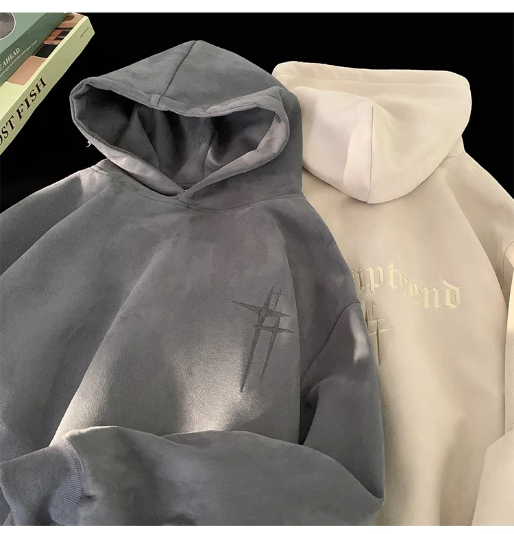 Heavyweight Suede Hoodie Men's Autumn Winter Fashion Brand Handsome American Oversize Loose Fit Coat Polyester Fiber Long Sleeve