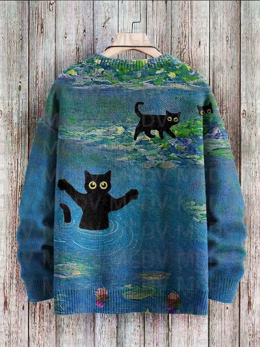 Unisex Vintage Cat Art Print Classic Sweater Men's For Women's Pullover