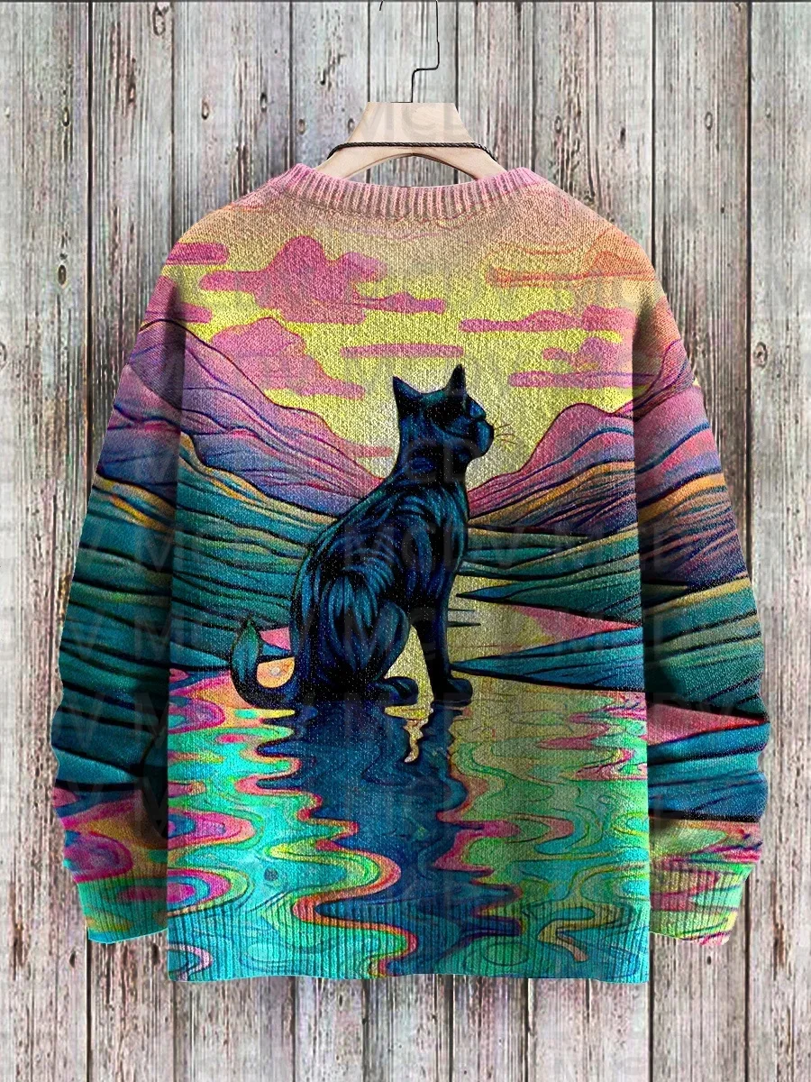 Unisex Vintage Cat Art Print Classic Sweater Men's For Women's Pullover