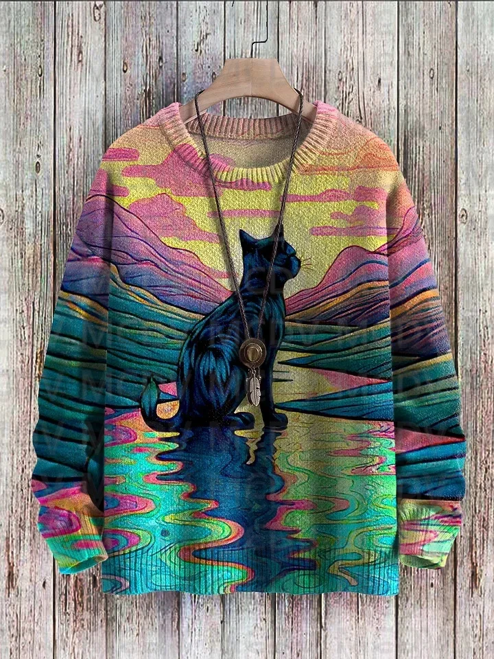 Unisex Vintage Cat Art Print Classic Sweater Men's For Women's Pullover