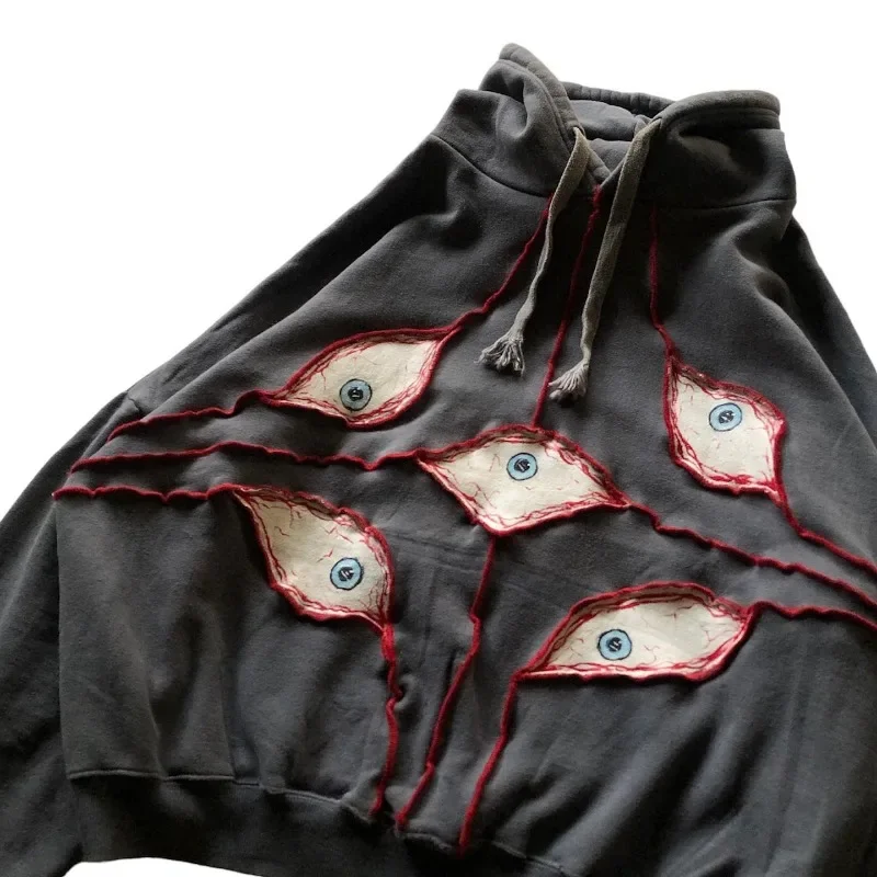 Harajuku Demon Eyes Embroidery Hoodies Women American Retro Street for Men Y2K tops Goth punk Streetwear Oversized Sweatshirt