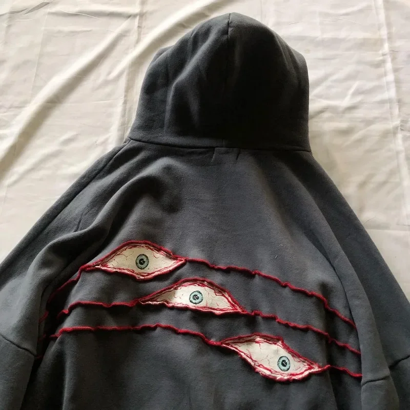 Harajuku Demon Eyes Embroidery Hoodies Women American Retro Street for Men Y2K tops Goth punk Streetwear Oversized Sweatshirt