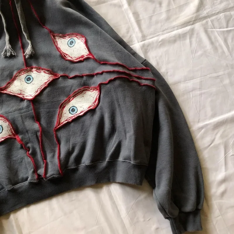 Harajuku Demon Eyes Embroidery Hoodies Women American Retro Street for Men Y2K tops Goth punk Streetwear Oversized Sweatshirt