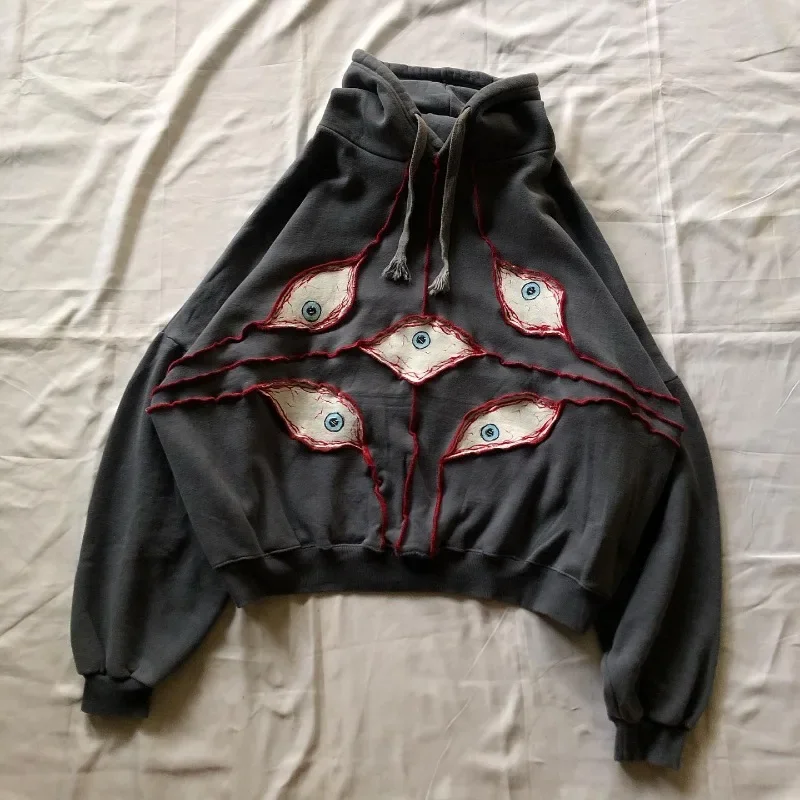Harajuku Demon Eyes Embroidery Hoodies Women American Retro Street for Men Y2K tops Goth punk Streetwear Oversized Sweatshirt
