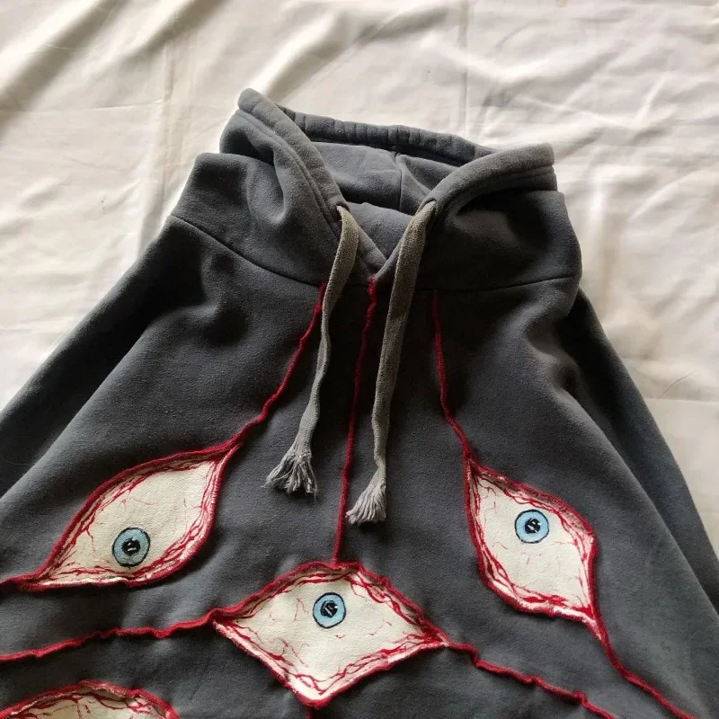 Harajuku Demon Eyes Embroidery Hoodies Women American Retro Street for Men Y2K tops Goth punk Streetwear Oversized Sweatshirt