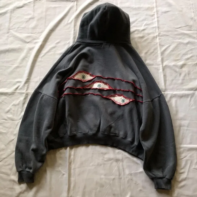 Harajuku Demon Eyes Embroidery Hoodies Women American Retro Street for Men Y2K tops Goth punk Streetwear Oversized Sweatshirt