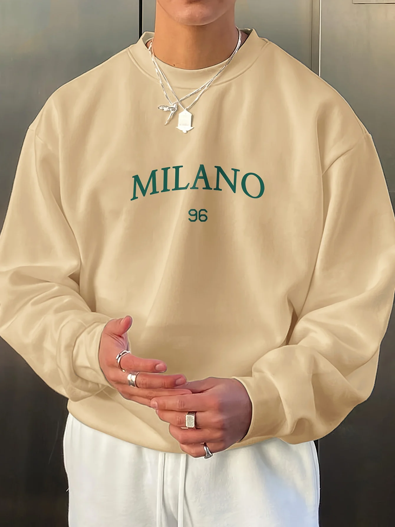 Men's Autumn and Winter Fashionable Casual Loose MILANO 96 Print Fleece Pullover Long-Sleeved Round-Neck Sweatshirt