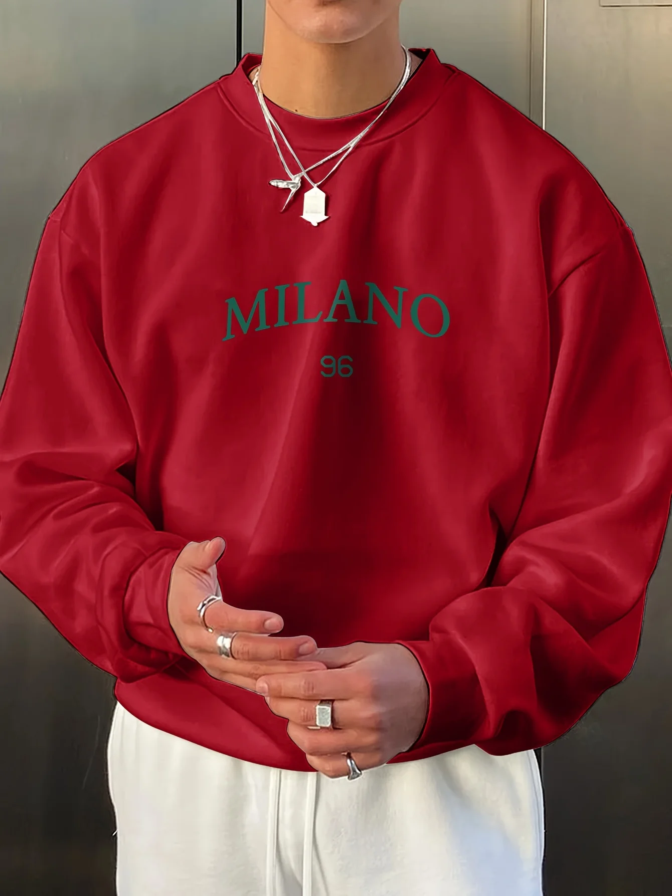 Men's Autumn and Winter Fashionable Casual Loose MILANO 96 Print Fleece Pullover Long-Sleeved Round-Neck Sweatshirt