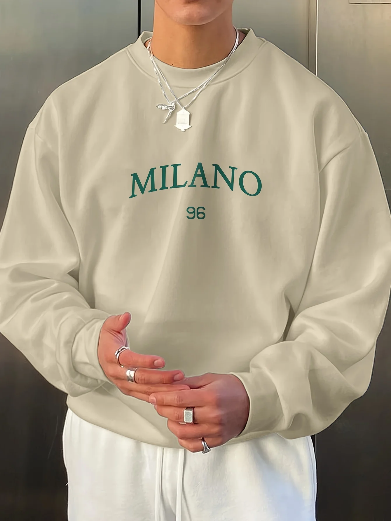 Men's Autumn and Winter Fashionable Casual Loose MILANO 96 Print Fleece Pullover Long-Sleeved Round-Neck Sweatshirt