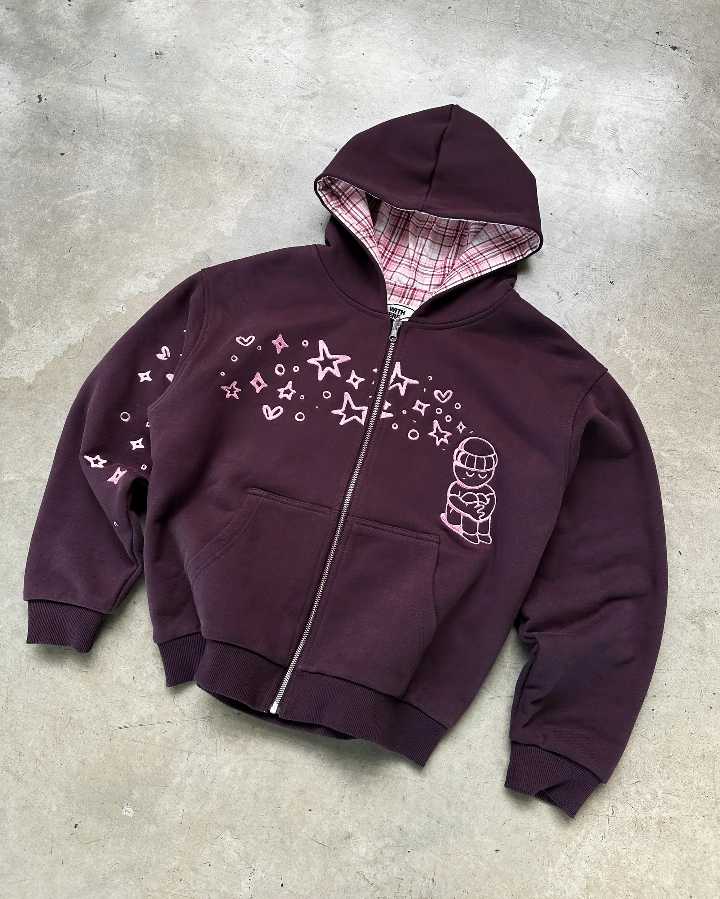Reversible Hoodie Purple Plaid Cartoon Star Embroidery Zipper Jacket Unisex for Men and Women Y2K Street Style Loose Sweatshirt