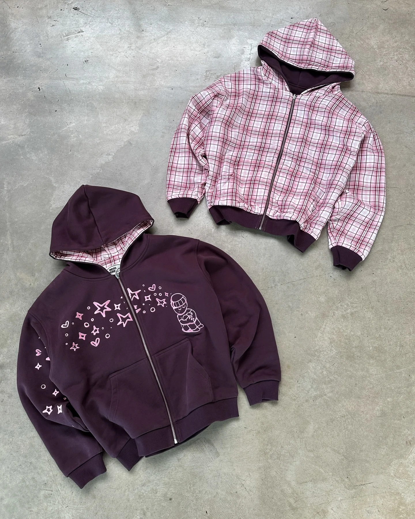 Reversible Hoodie Purple Plaid Cartoon Star Embroidery Zipper Jacket Unisex for Men and Women Y2K Street Style Loose Sweatshirt