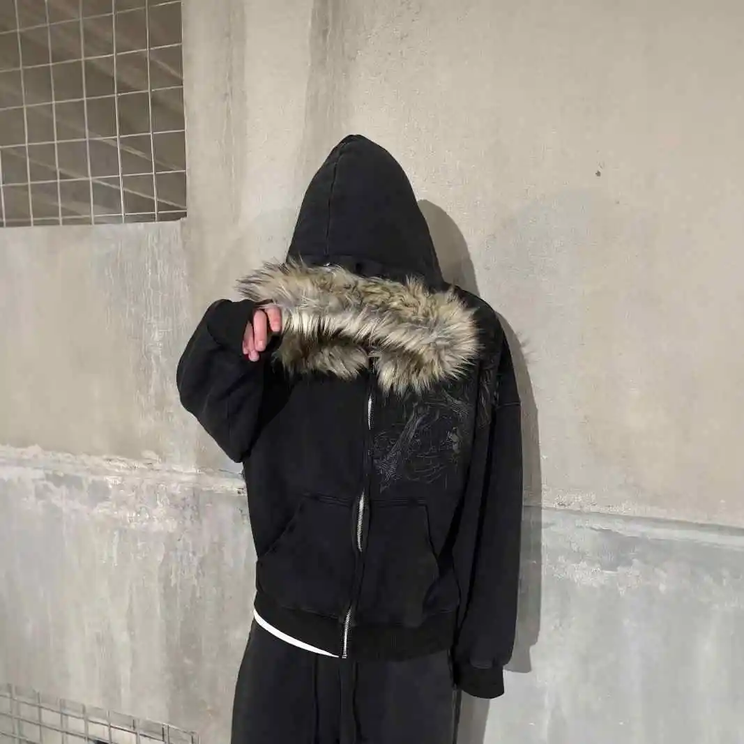 Casual Y2K Zip up Hoodie Faur Collar Harajuku High Street Hip Hop Zipper Sweatshirt Streetwear Retro Rock Goth Loose Punk Jacket