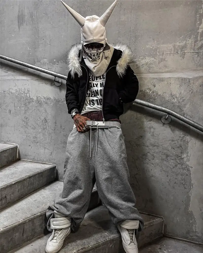 Casual Y2K Zip up Hoodie Faur Collar Harajuku High Street Hip Hop Zipper Sweatshirt Streetwear Retro Rock Goth Loose Punk Jacket