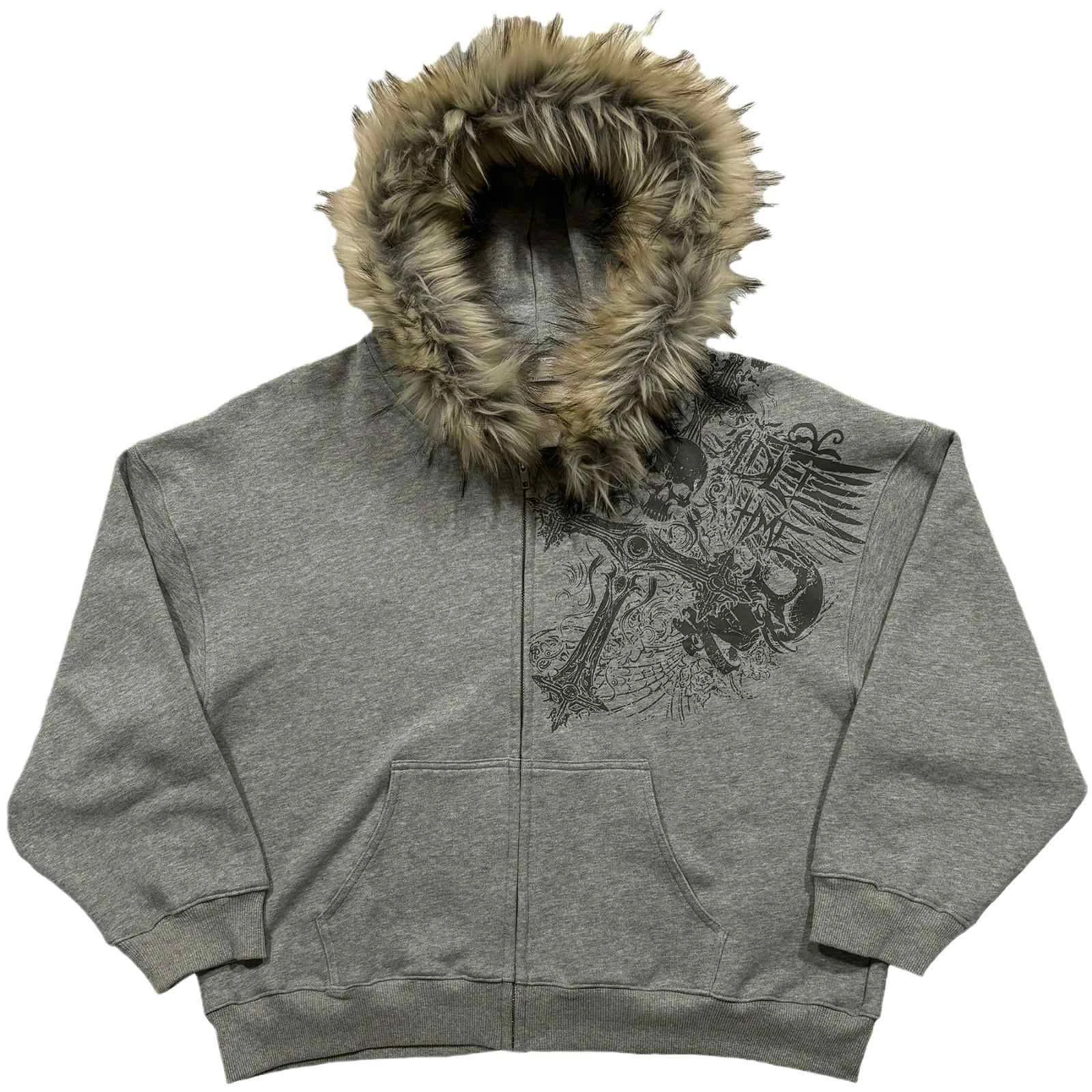 Casual Y2K Zip up Hoodie Faur Collar Harajuku High Street Hip Hop Zipper Sweatshirt Streetwear Retro Rock Goth Loose Punk Jacket