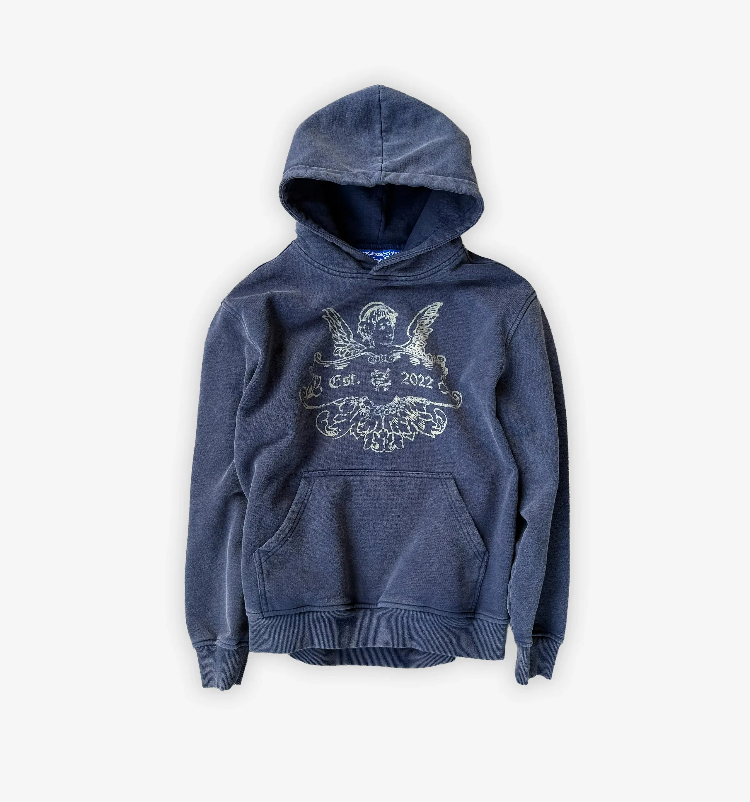 Vintage Washed Angel Printing Hoodie Men Y2K Streetwear Cherub Badge Blue Hoodie Hip Hop Retro Casual Oversized Loose Hoodies