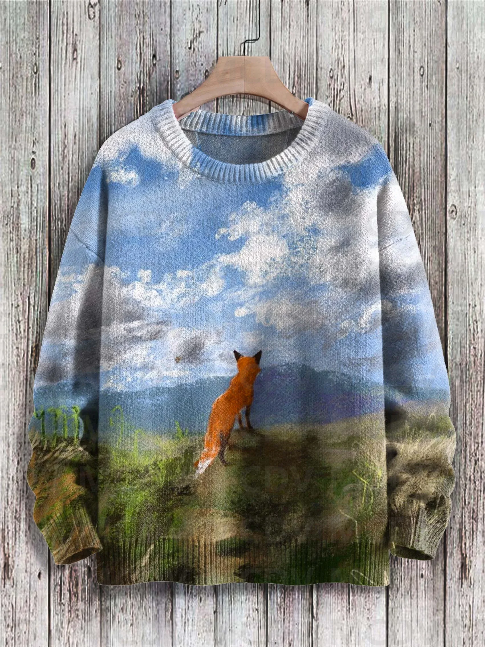 Cute Fox View Art Pattern Print Casual Knit Pullover Sweater Women For Men Sweater