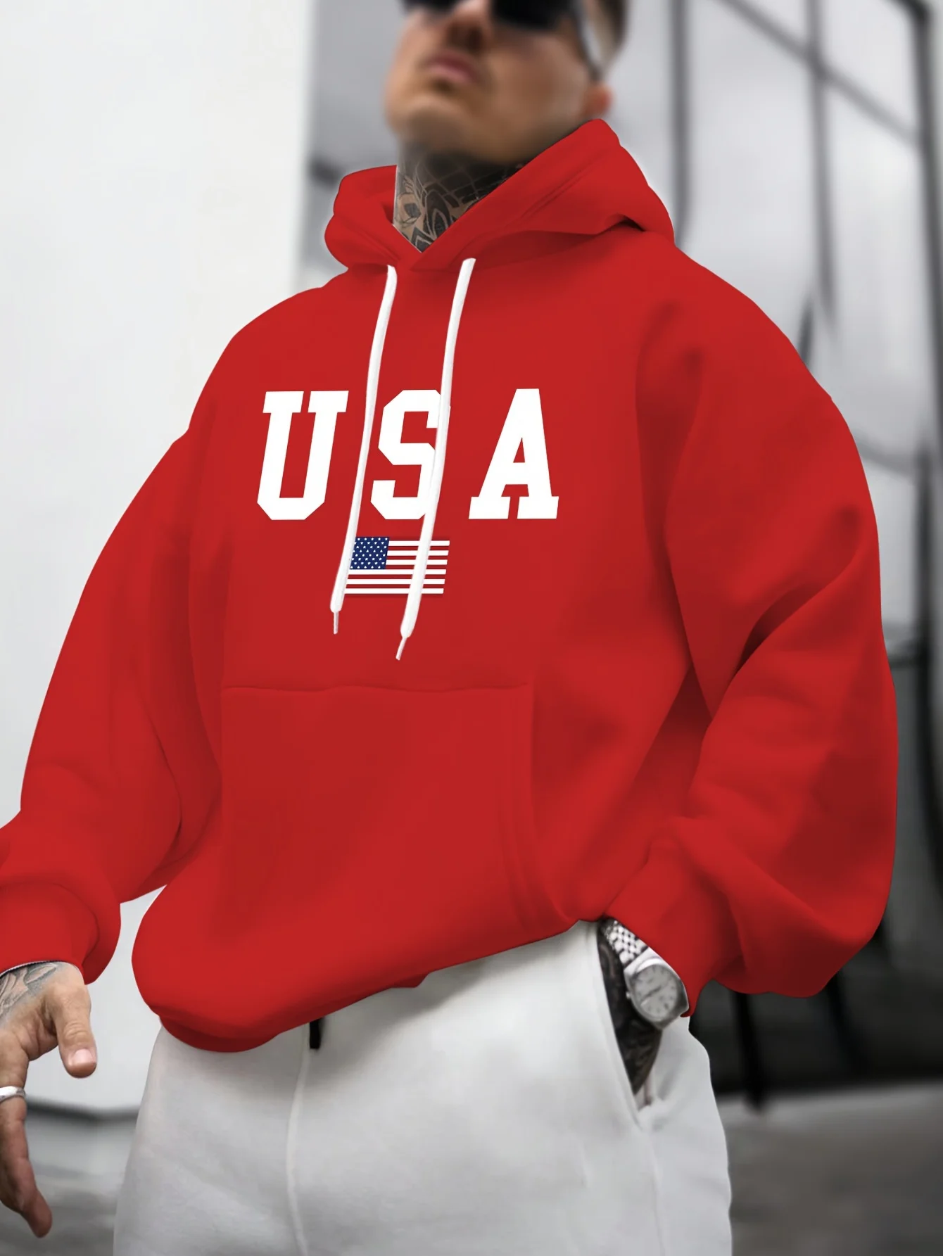 Men's Autumn and Winter Casual Fashion Loose American Flag Graphic Print Long-Sleeved Hooded Sweatshirt Warm Pullover