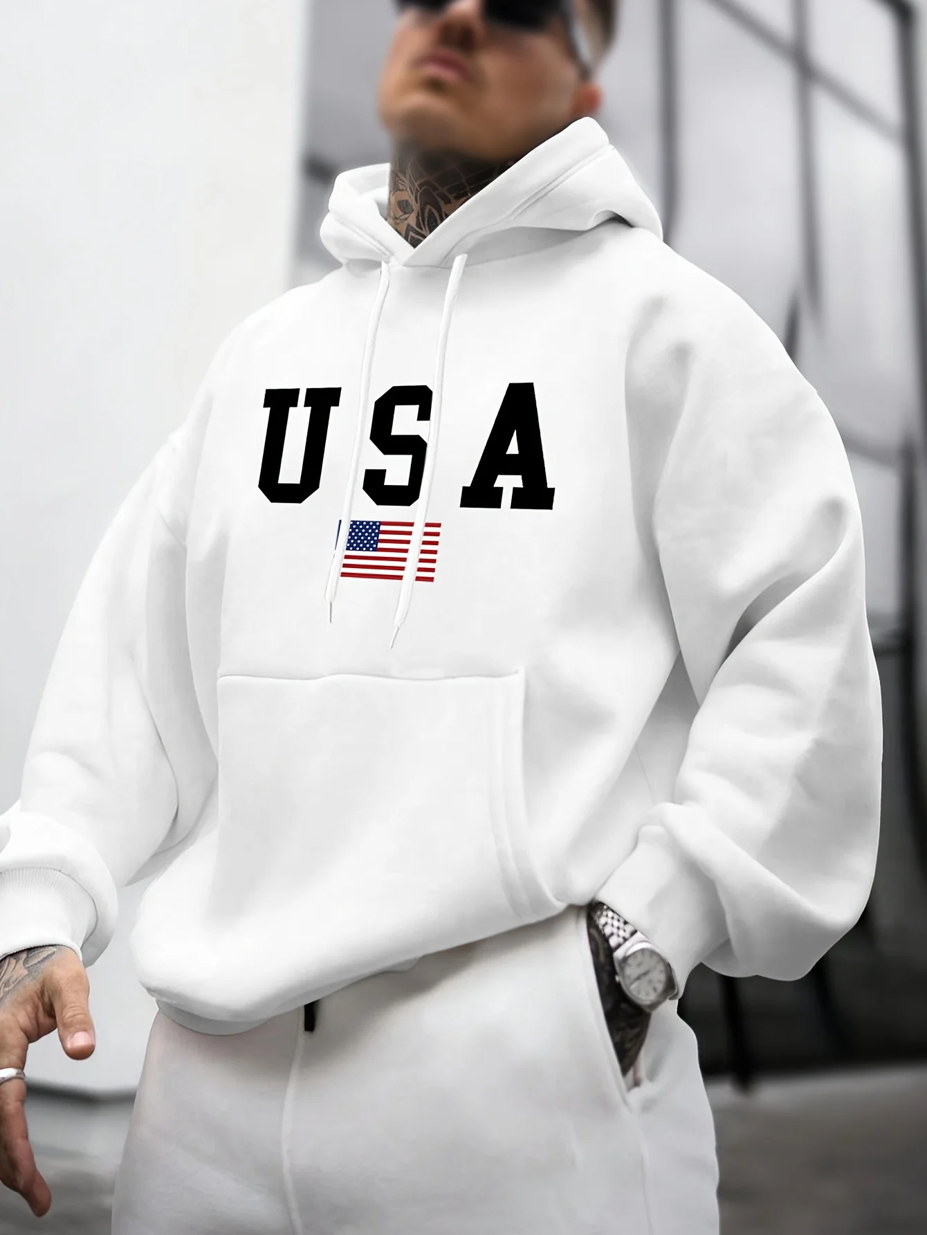 Men's Autumn and Winter Casual Fashion Loose American Flag Graphic Print Long-Sleeved Hooded Sweatshirt Warm Pullover