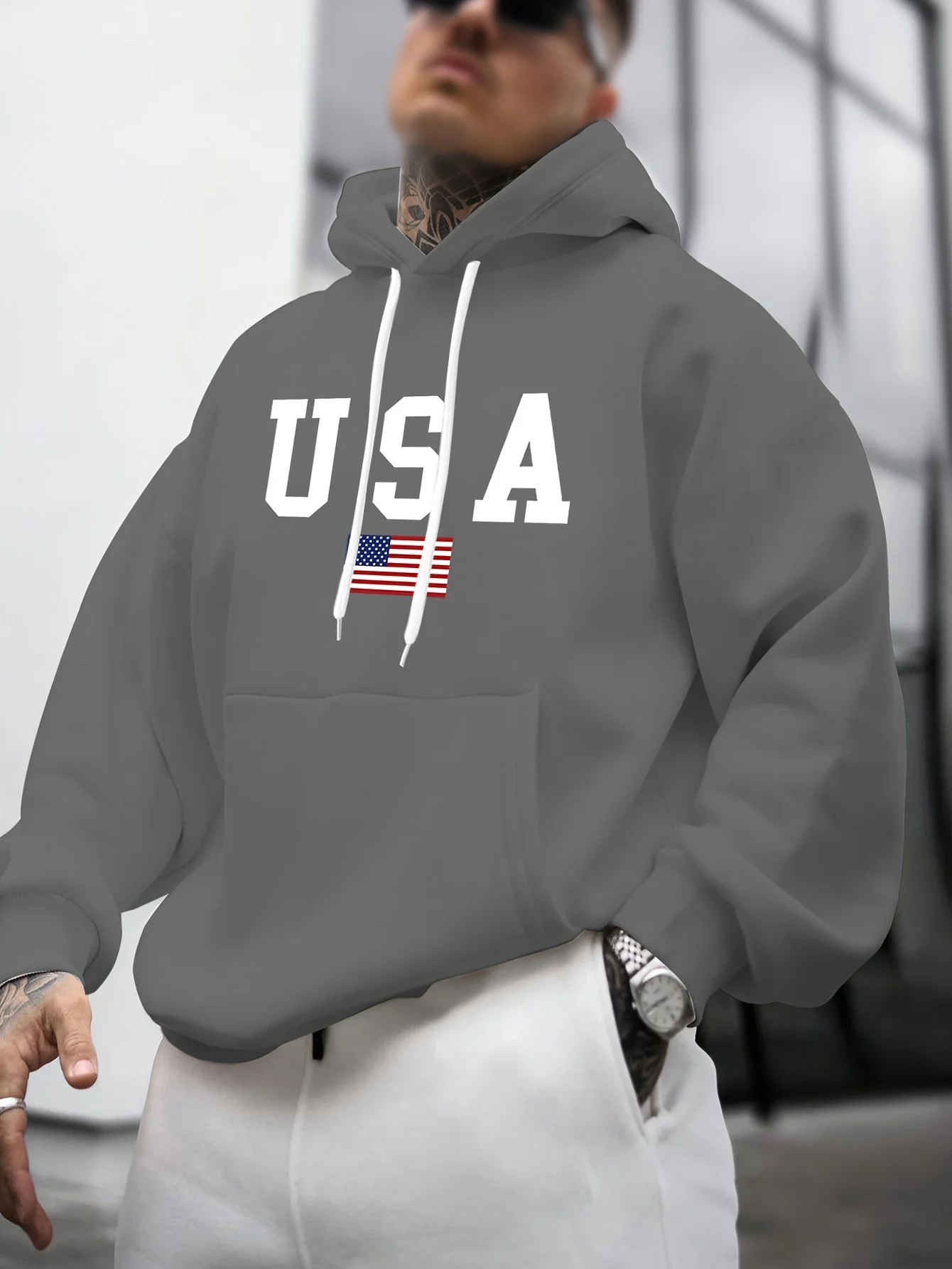 Men's Autumn and Winter Casual Fashion Loose American Flag Graphic Print Long-Sleeved Hooded Sweatshirt Warm Pullover
