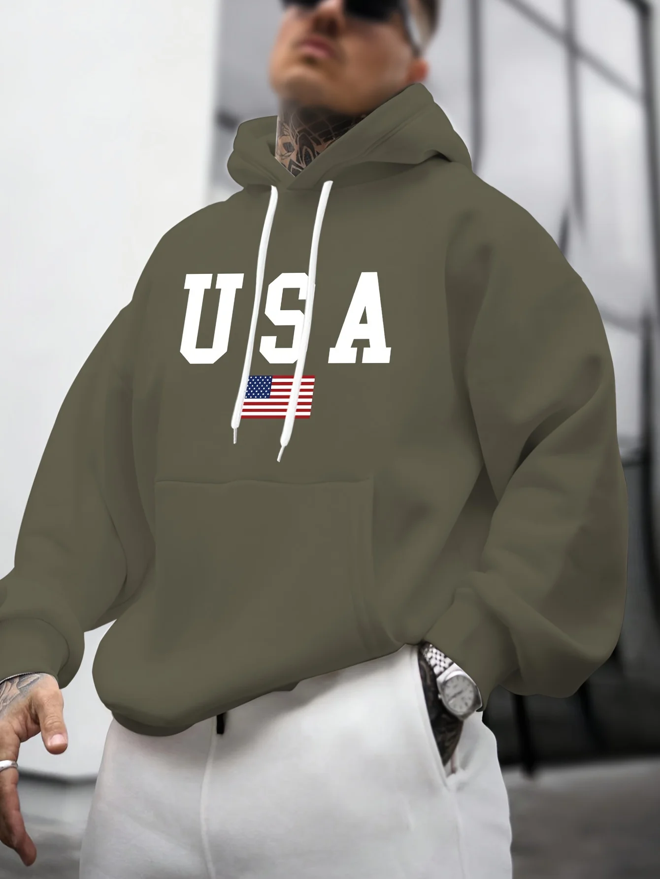 Men's Autumn and Winter Casual Fashion Loose American Flag Graphic Print Long-Sleeved Hooded Sweatshirt Warm Pullover