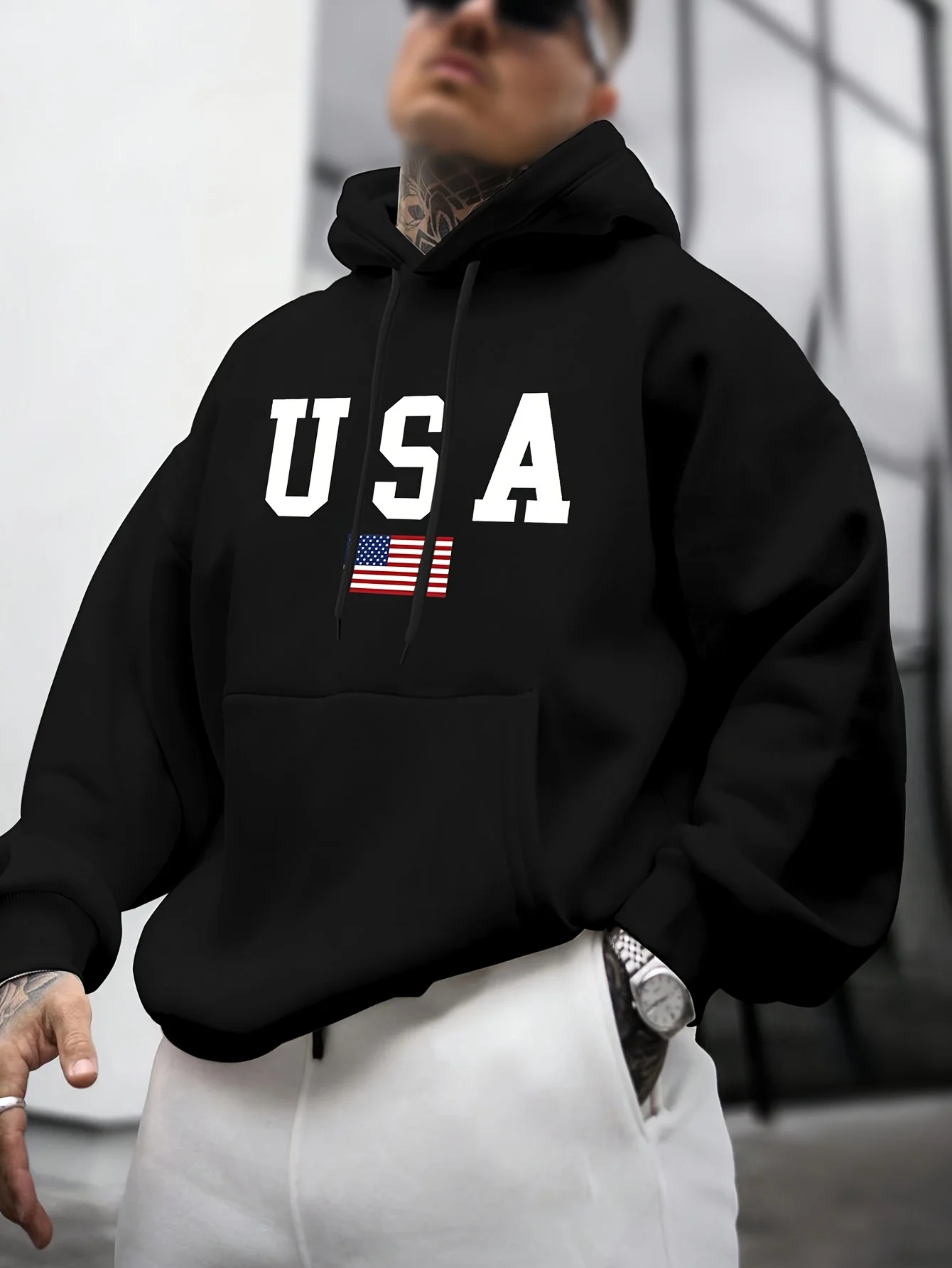 Men's Autumn and Winter Casual Fashion Loose American Flag Graphic Print Long-Sleeved Hooded Sweatshirt Warm Pullover