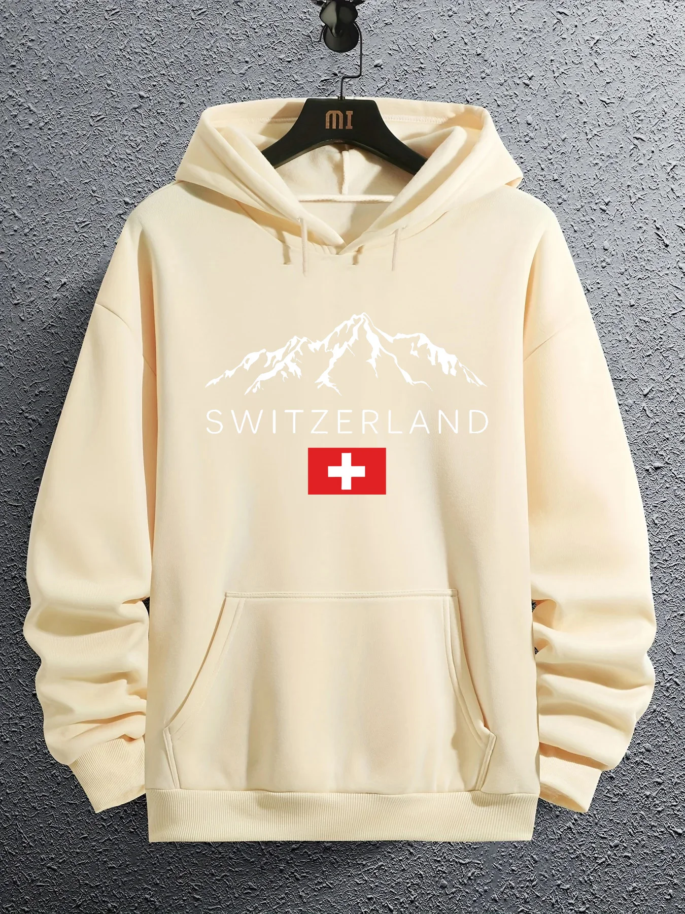 Men's Autumn/Winter Casual Fashion Loose Hoodie Swiss Mountain Pattern Printed Long Sleeve Warm Hoodie