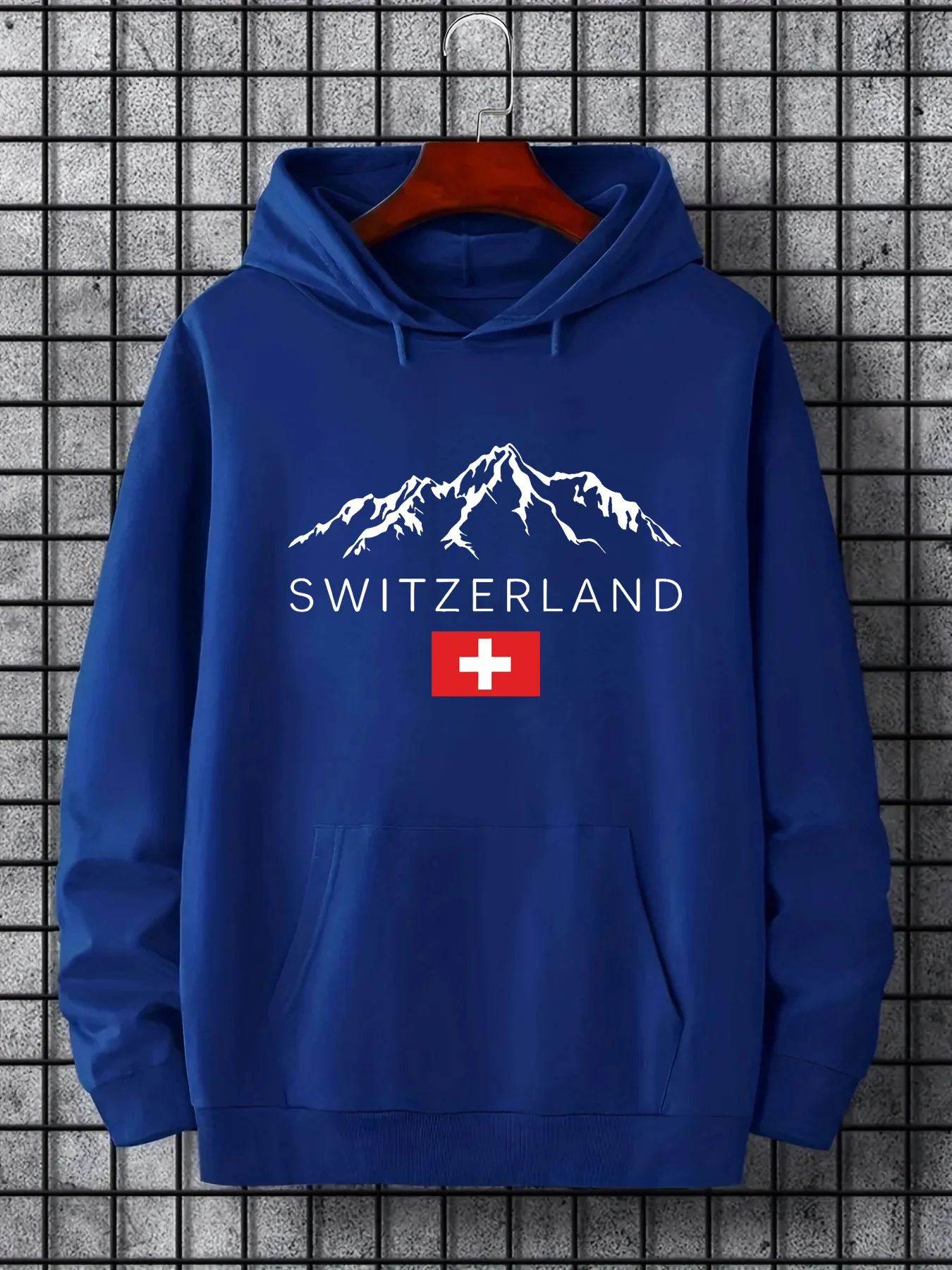 Men's Autumn/Winter Casual Fashion Loose Hoodie Swiss Mountain Pattern Printed Long Sleeve Warm Hoodie