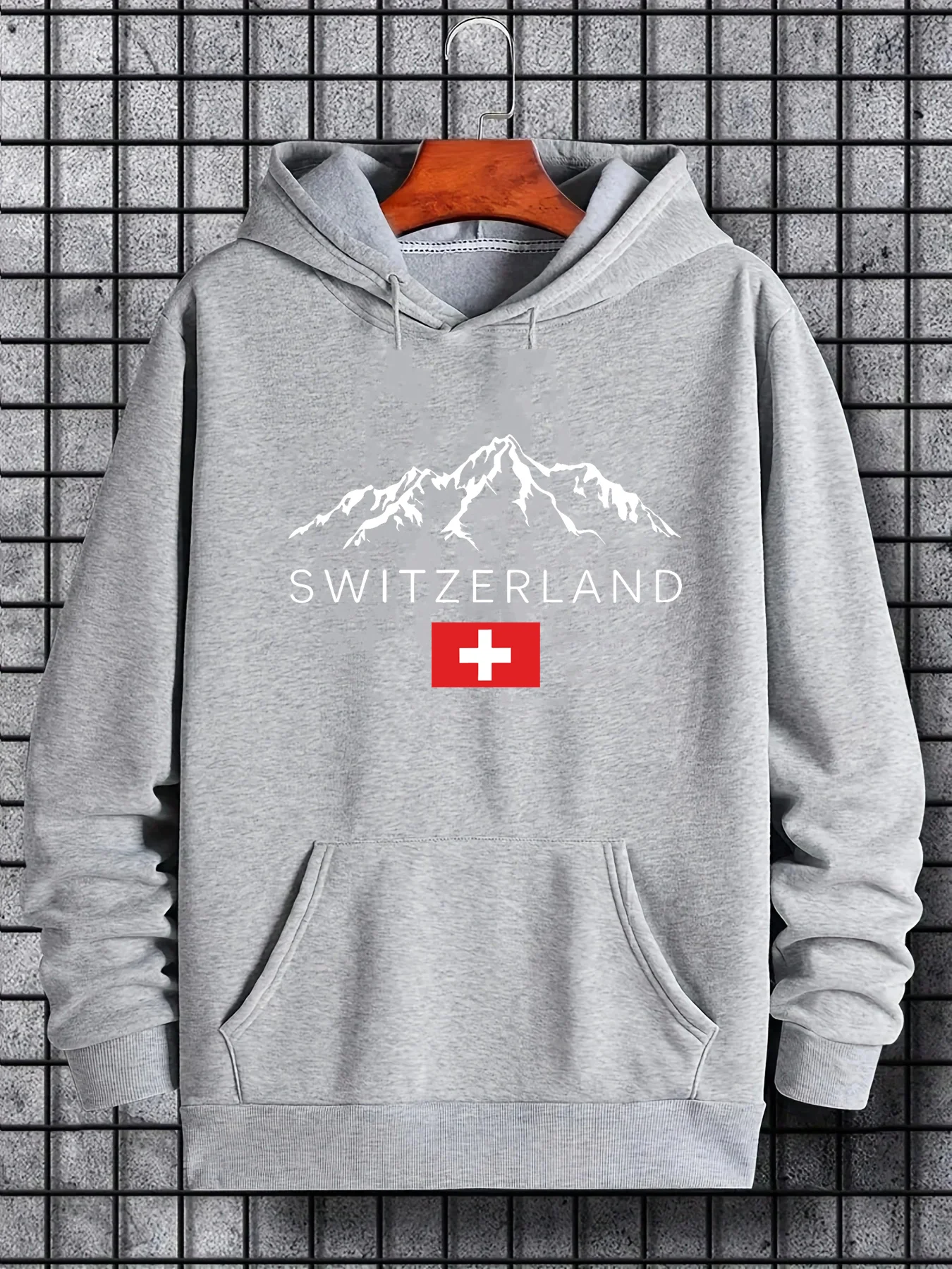 Men's Autumn/Winter Casual Fashion Loose Hoodie Swiss Mountain Pattern Printed Long Sleeve Warm Hoodie